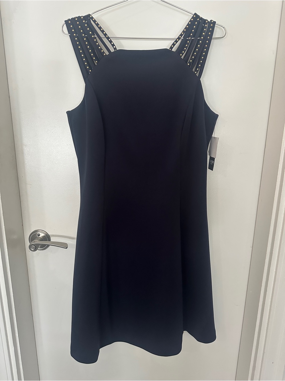 NWT Guess Navy Scuba Fit & Flare Cocktail Dress Gold Stud Straps Size 14